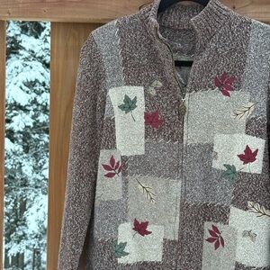 Northern Reflections Brown and Cream Knit Zip Up Sweater with Leaf Accents